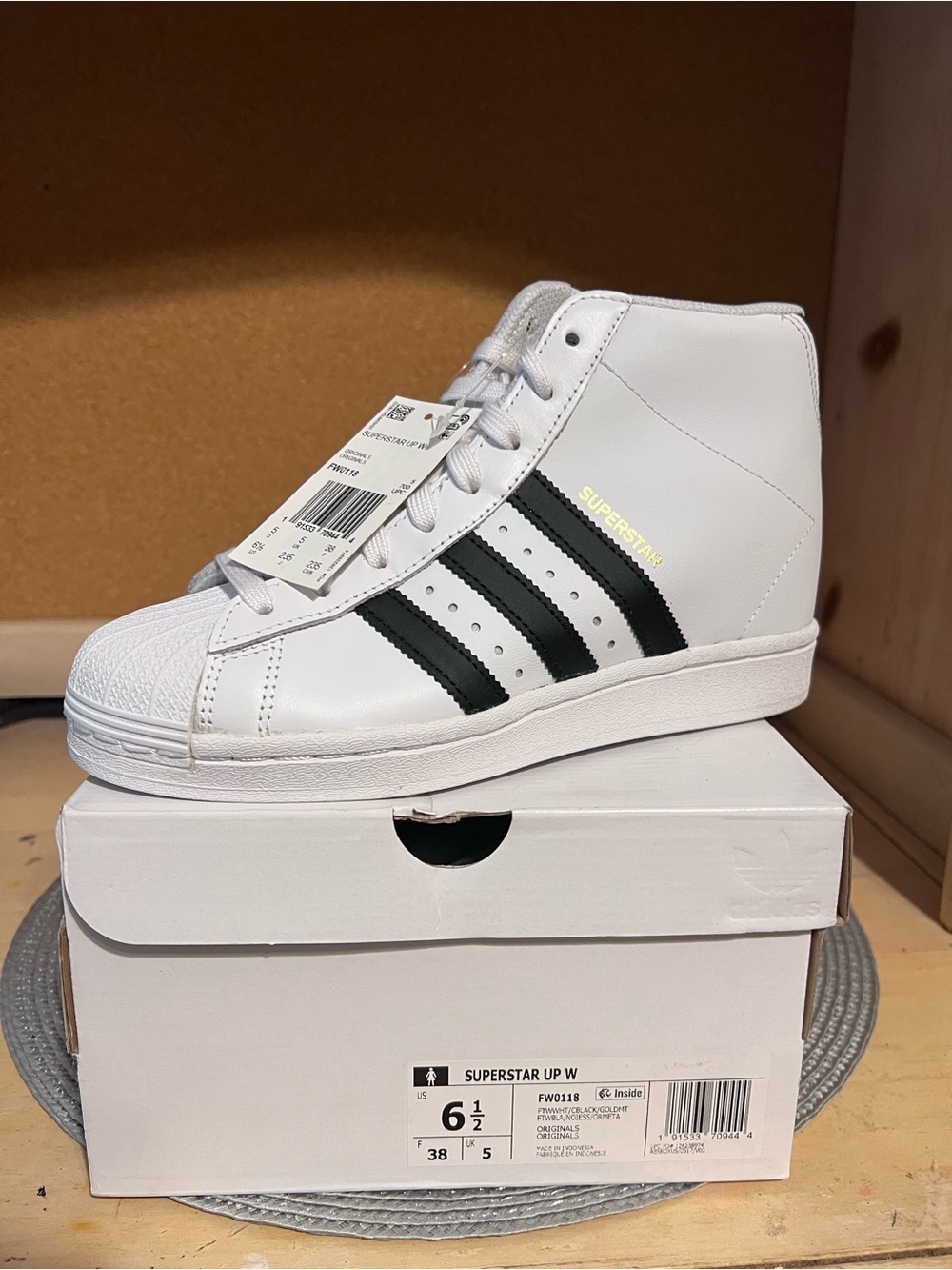adidas White and Black Superstar Up W Mid-Top Sneakers. Wedge style